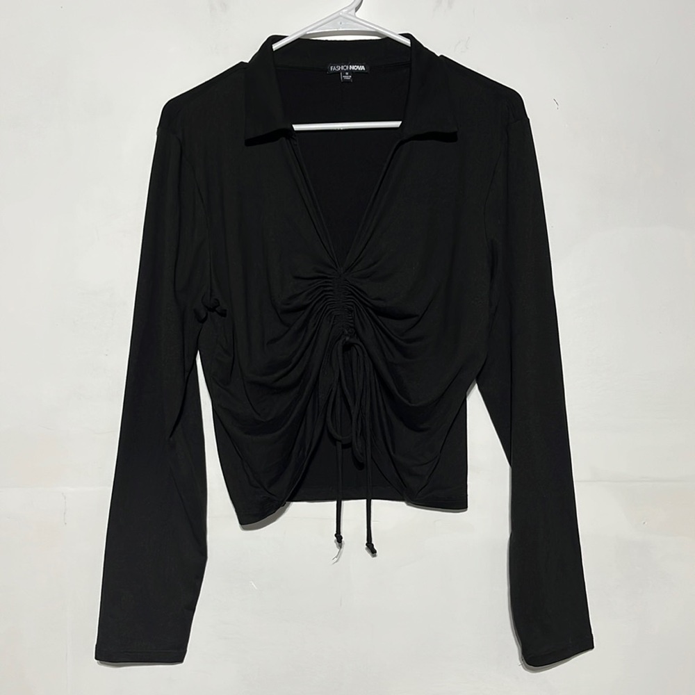 Fashion Nova Black Analisa Collared Ruched Long Sleeve Blouse Size 1X - Picture 3 of 8